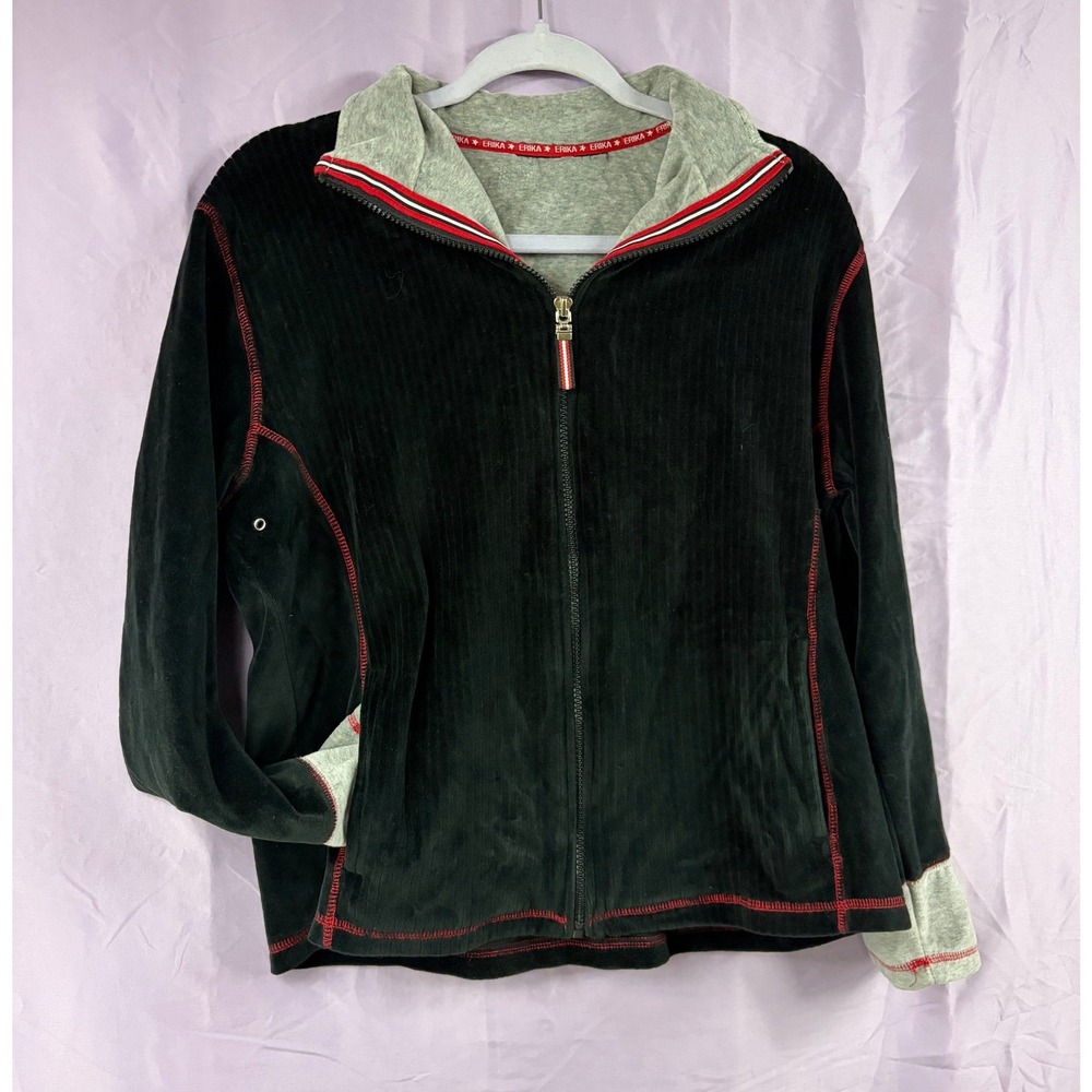 Erika Womens Black Corduroy Velour Full Zip Jacket Red Contrast Stitching Sporty